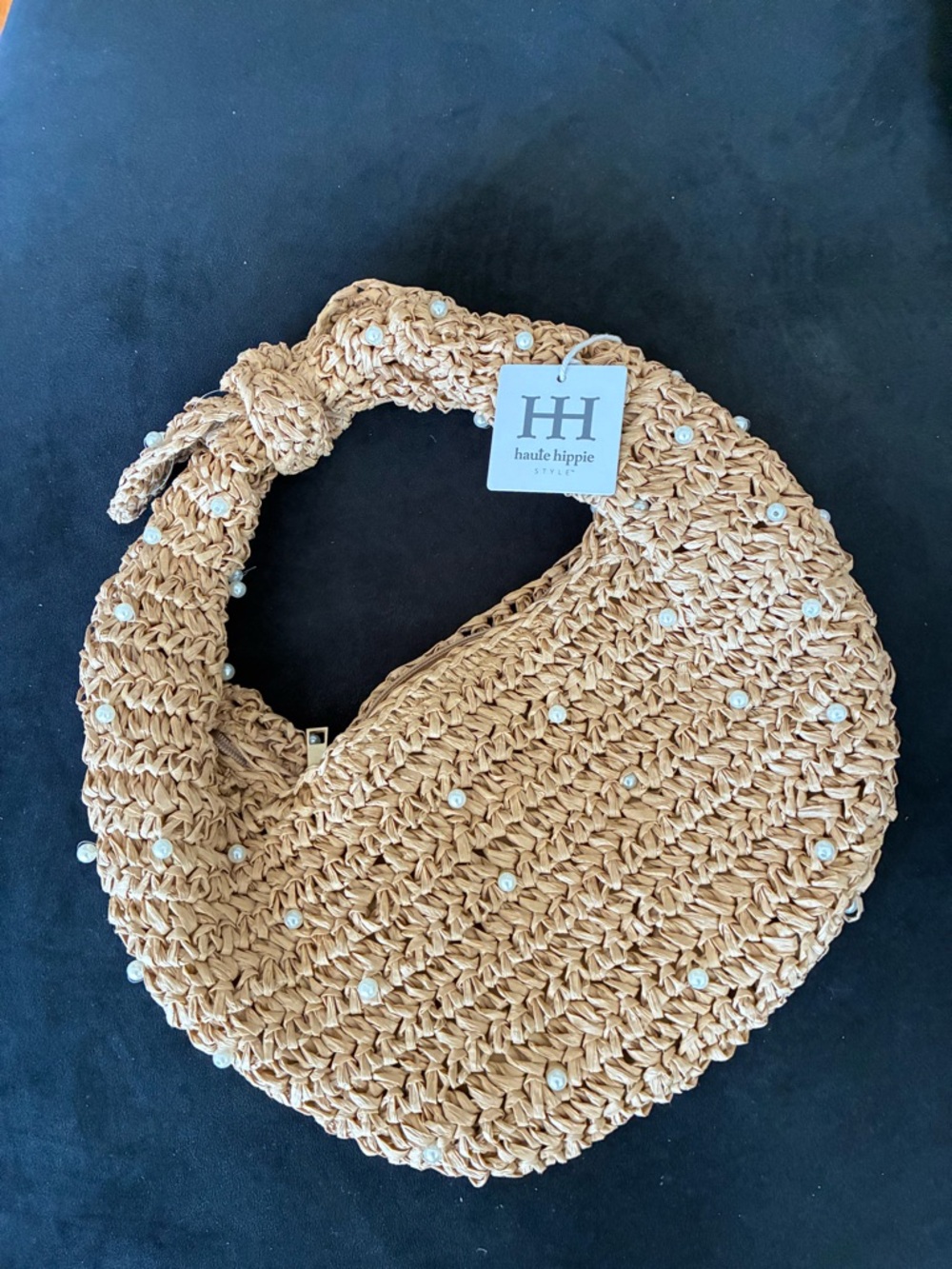 🌹Haute Hippie Tan Woven Pearl-Embellished Straw handbag Hobo